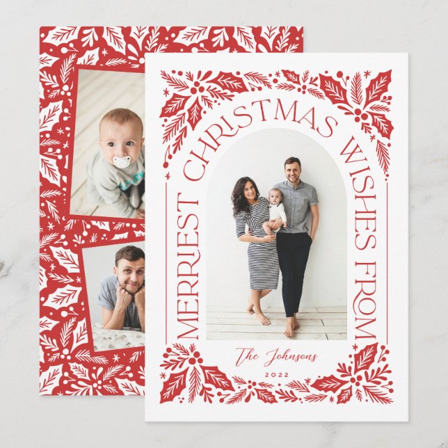 Christmas Wishes Berry Arch Red 3 Photo Collage Holiday Card (Front/Back)