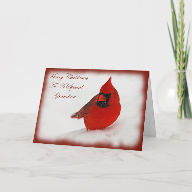 Christmas Wishes Cardinal Grandson Holiday Card (Front)