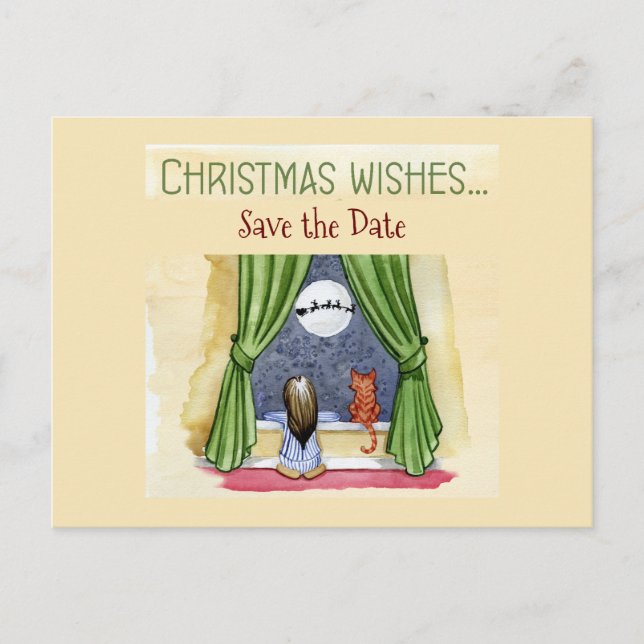 Christmas Wishes Child & Kitty Cat Save the Date Postcard (Front)
