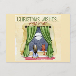 Christmas Wishes Child & Kitty Cat Xmas Party Postcard