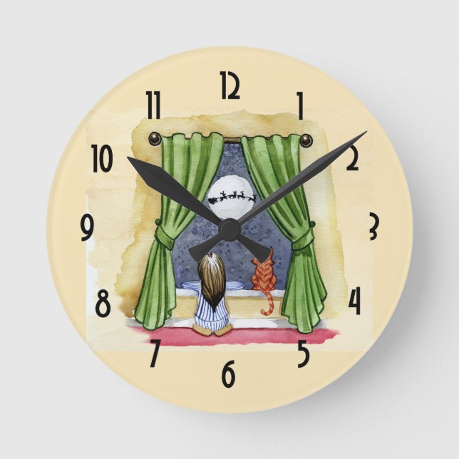 Christmas Wishes Child & Kitty Cat Xmas Round Clock (Front)