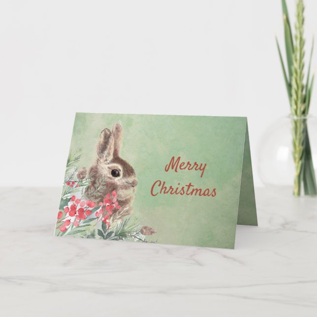Christmas Wishes Cute Bunny Rabbit Blank  Holiday  Card (Front)