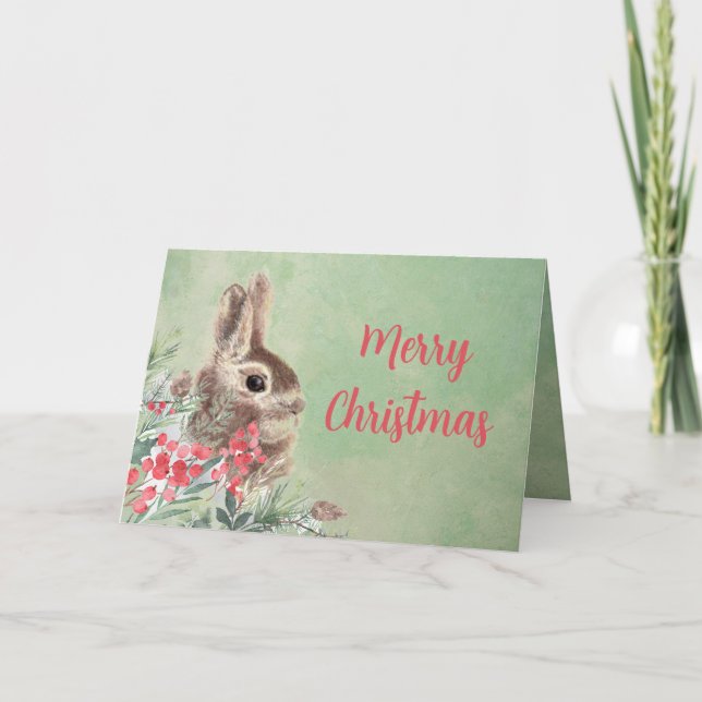 Christmas Wishes Cute Bunny Rabbit  Holiday Card (Front)
