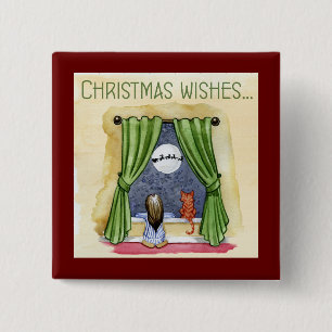 Christmas Wishes Cute Child & Kitty Cat Xmas 15 Cm Square Badge