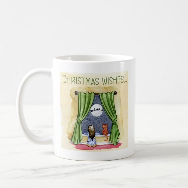 Christmas Wishes Cute Child & Kitty Cat Xmas Coffee Mug (Left)