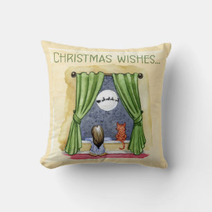 Christmas Wishes Cute Child & Kitty Cat Xmas Cushion