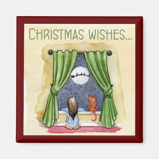 Christmas Wishes Cute Child & Kitty Cat Xmas Magnet (Front)