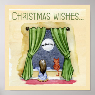Christmas Wishes Cute Child & Kitty Cat Xmas Poster