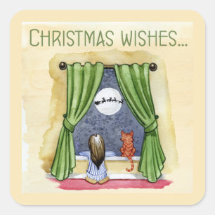Christmas Wishes Cute Child & Kitty Cat Xmas Square Sticker