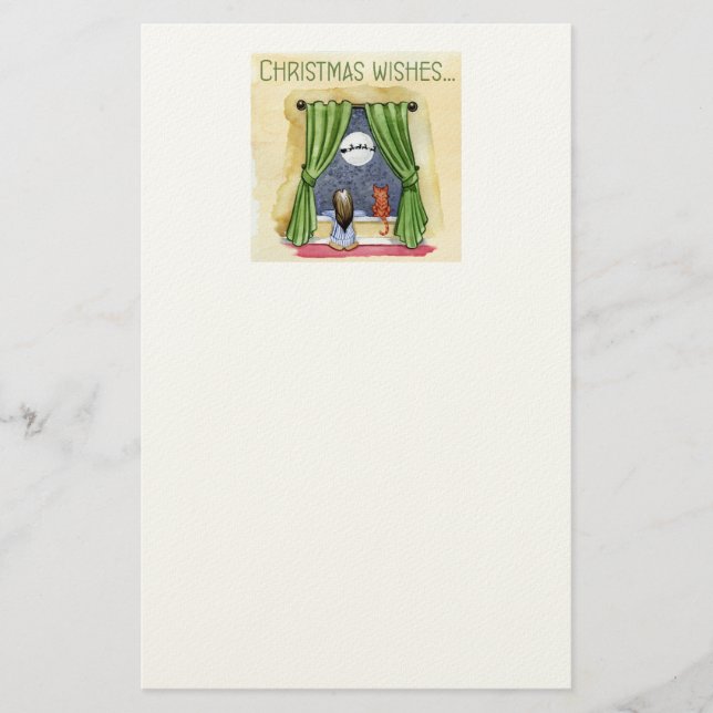 Christmas Wishes Cute Child & Kitty Cat Xmas Stationery (Front)