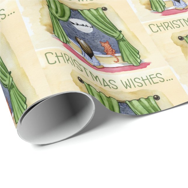 Christmas Wishes Cute Child & Kitty Cat Xmas Wrapping Paper (Roll Corner)