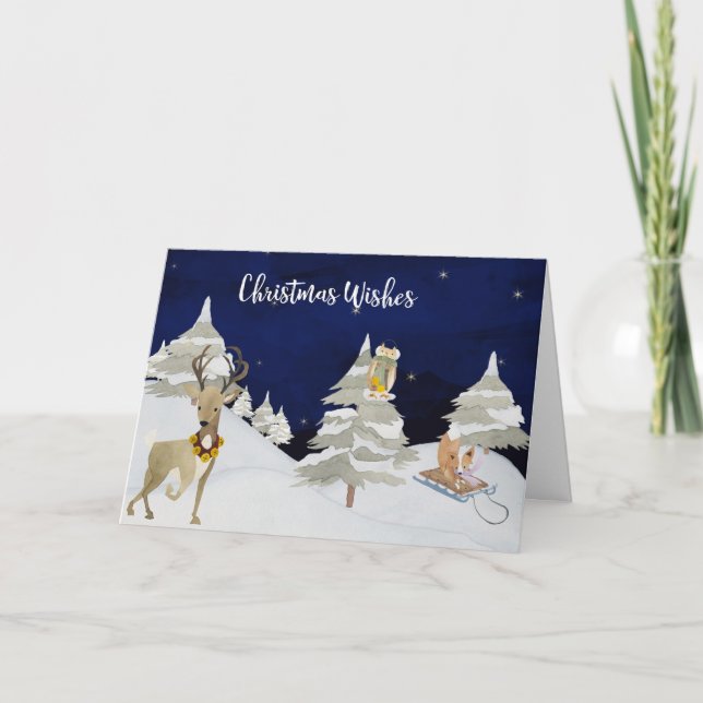 Christmas Wishes Cute Watercolor Animals in Winter Holiday Card (Front)