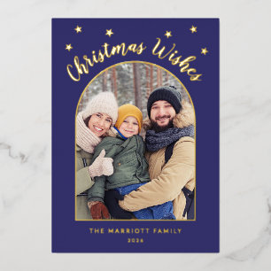 Christmas Wishes Elegant Blue Custom Photo Arch Foil Holiday Card