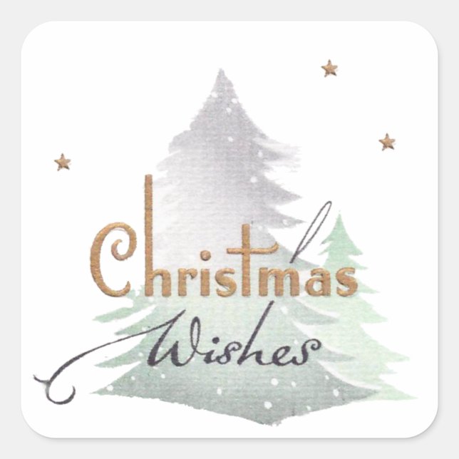 Christmas Wishes Evergreen Tree Stars Gold Border Square Sticker (Front)
