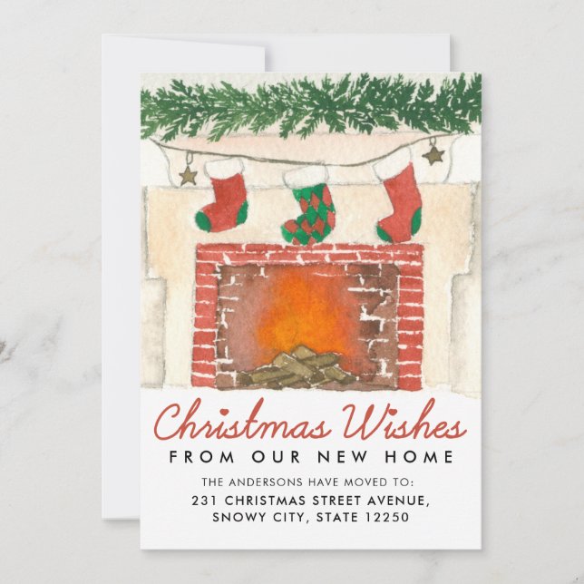 Christmas Wishes Fireplace Photo Holiday Moving Announcement (Front)