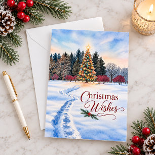 Christmas Wishes Glowing Tree Winter Landscape Holiday Card