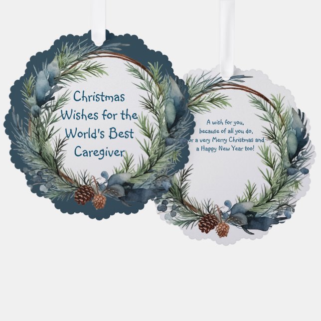 Christmas Wishes Greenery Wreath Caregiver Tree Decoration Card (Front/Back)