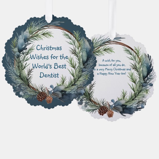 Christmas Wishes Greenery Wreath Dentist Tree Decoration Card (Front/Back)