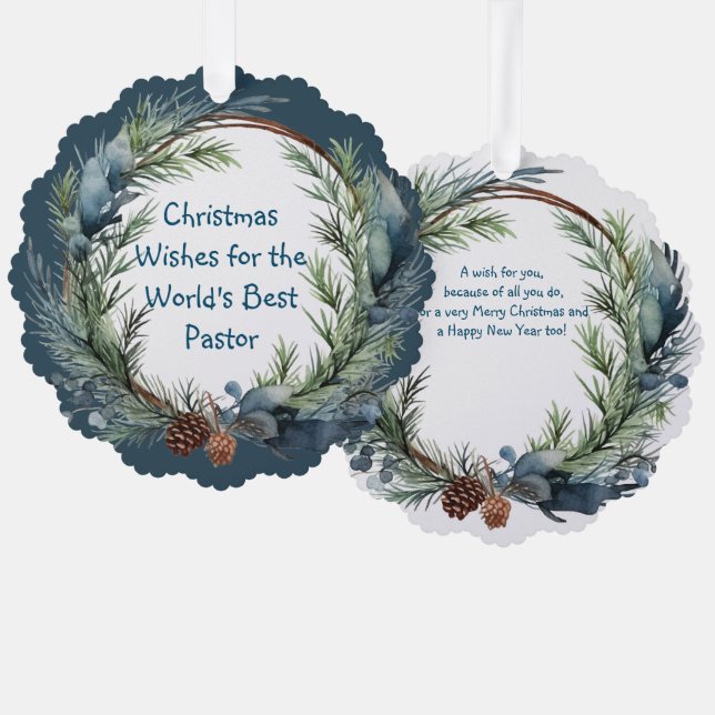 Christmas Wishes Greenery Wreath Pastor Tree Decoration Card (Front/Back)