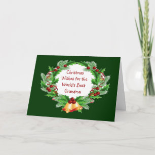 Christmas Wishes Holly Berry Wreath for Grandma Holiday Card