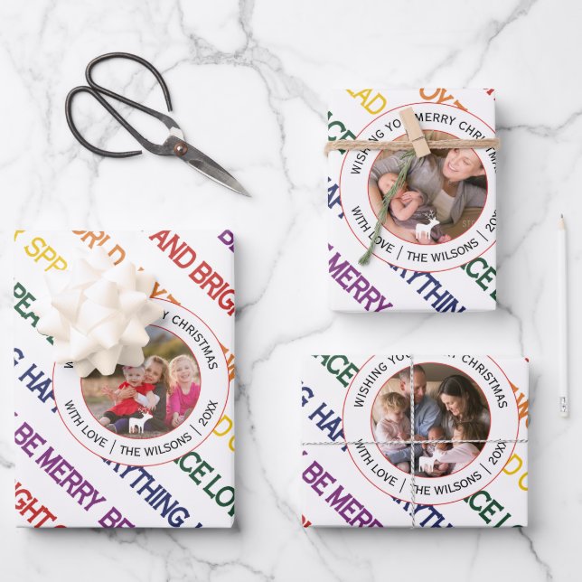 Christmas wishes in rainbow colours holiday photo wrapping paper sheet (Front)