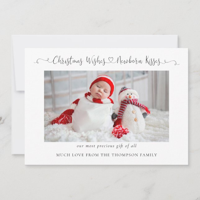 Christmas Wishes Newborn Kisses New Baby Photo Holiday Card (Front)
