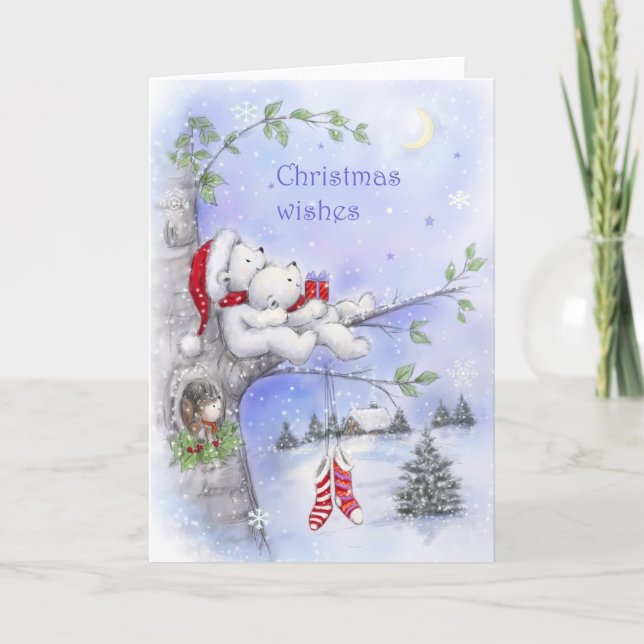 Christmas Wishes, Romantic Bear Couple on Tree Card (Front)