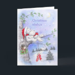 Christmas Wishes, Romantic Bear Couple on Tree Card<br><div class="desc">Cute bear couple cuddling and holding a Christmas present on tree watching moon and two socks hanging,  Christmas wishes</div>