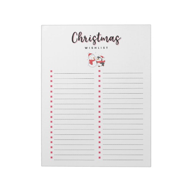 Christmas Wishlist Snowman and Penguin Notepad (Rotated)