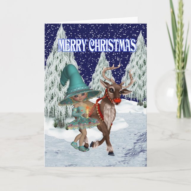 Christmas Witch and the Reindeer Holiday Card (Front)