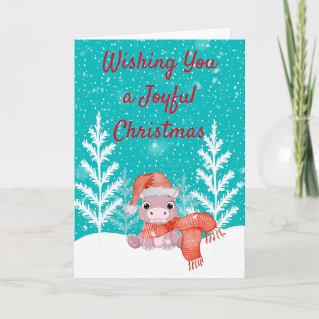 Christmas with a Cute Hippo in the Snow Holiday Card (Front)