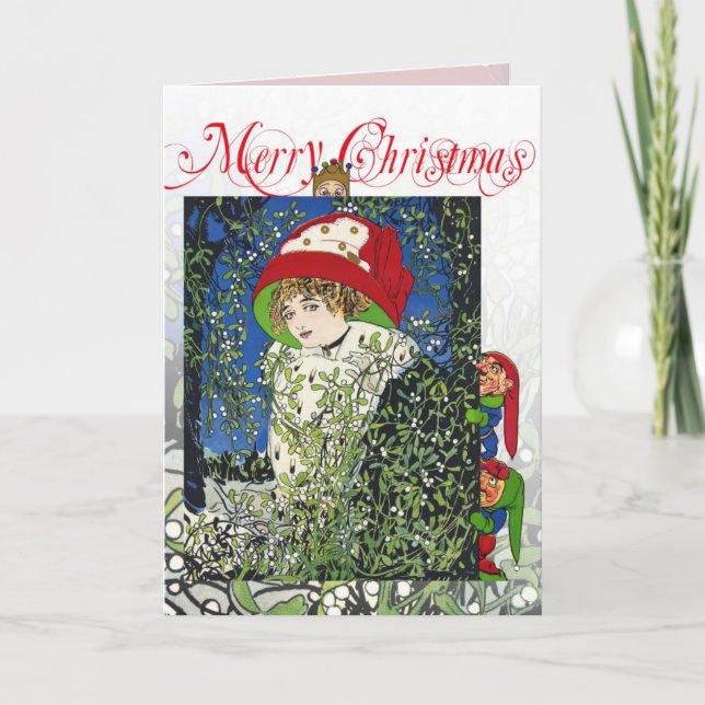 Christmas with mistletoe and elves holiday card (Front)