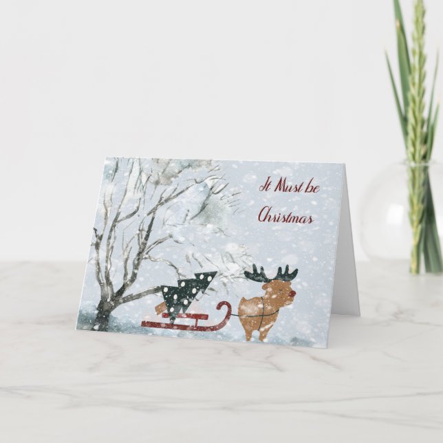 Christmas with Moose Pulling Christmas Tree Card (Front)