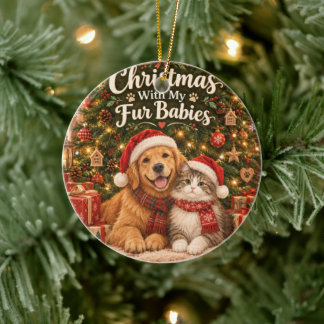Christmas With My Fur Babies Cat And Dog Ceramic Ornament