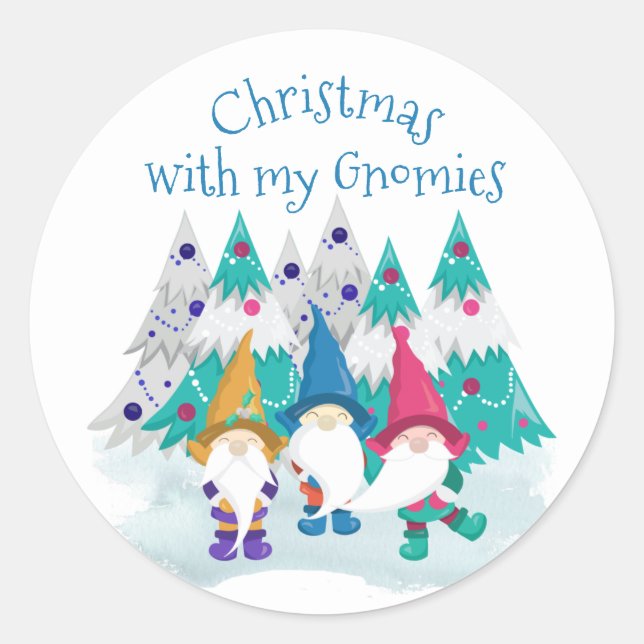 Christmas with my Gnomies Fun Cute Holiday Gnome Classic Round Sticker (Front)
