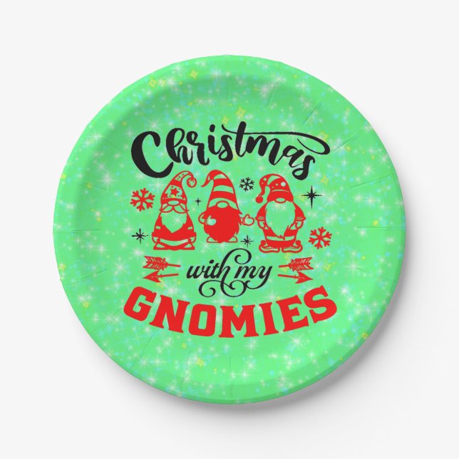 Christmas with my Gnomies - Funny Red Green7" Paper Plate (Front)
