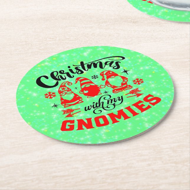 Christmas with my Gnomies - Funny Red Green Round Paper Coaster (Angled)
