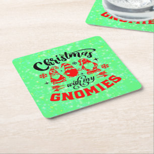 Christmas with my Gnomies - Funny Red Green Square Paper Coaster