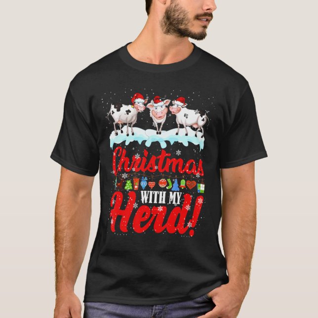 Christmas With My Herd Xmas Light Santa Cow Cattle T-Shirt (Front)