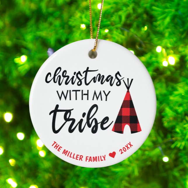 Christmas With My Tribe Photo, Name & Year Ceramic Ornament (Personalized Name Christmas With My Tribe Photo Ornament)