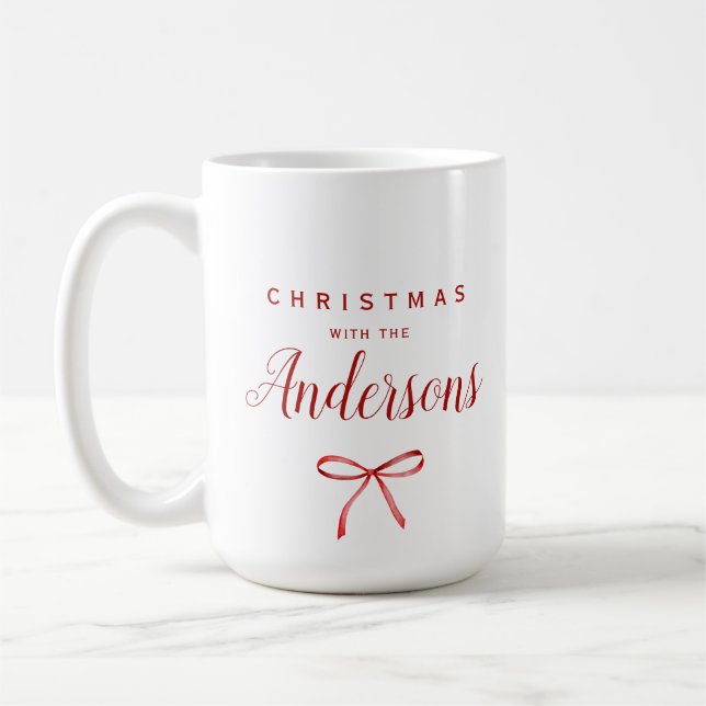 Christmas with the family - red ribbon coffee mug (Left)