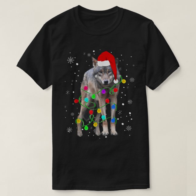 Christmas Wolf | Festive Holiday Lights Design T-Shirt (Design Front)