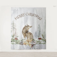Christmas wolf in snowy woods merry Christmas