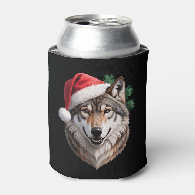 Christmas Wolf Santa Hat Pine Branches Holiday Can Cooler (Can Front)