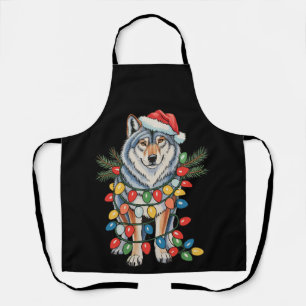 Christmas Wolf Santa Hat Xmas Lights Animal Lovers Apron