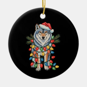 Christmas Wolf Santa Hat Xmas Lights Animal Lovers Ceramic Ornament