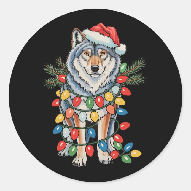 Christmas Wolf Santa Hat Xmas Lights Animal Lovers Classic Round Sticker (Front)