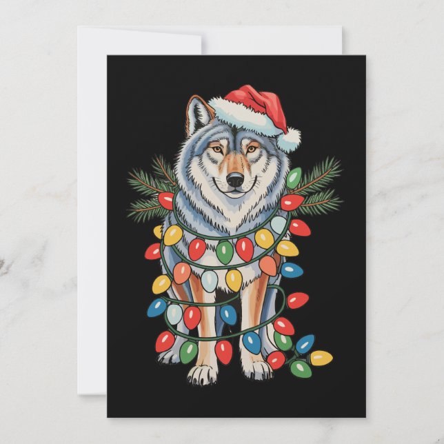 Christmas Wolf Santa Hat Xmas Lights Animal Lovers Holiday Card (Front)