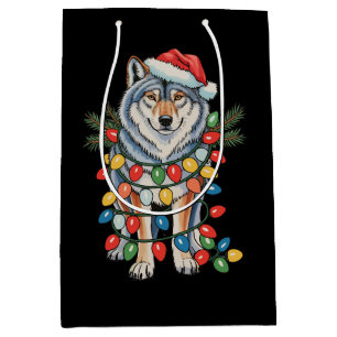 Christmas Wolf Santa Hat Xmas Lights Animal Lovers Medium Gift Bag