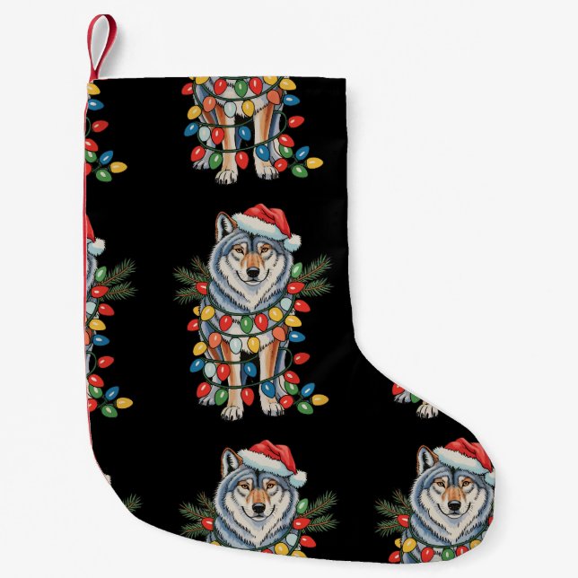 Christmas Wolf Santa Hat Xmas Lights Animal Lovers Small Christmas Stocking (Front)